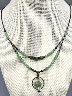 Vintage Green Jade Zuni Bear Bead Dream Catcher Collar Silver 925 Necklace
